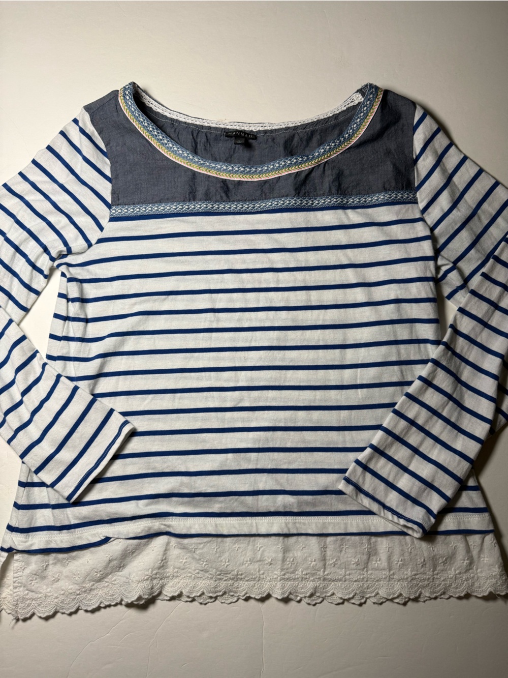 Hannah L Blue White Striped Mixed Media Eyelet Lace Boho Top